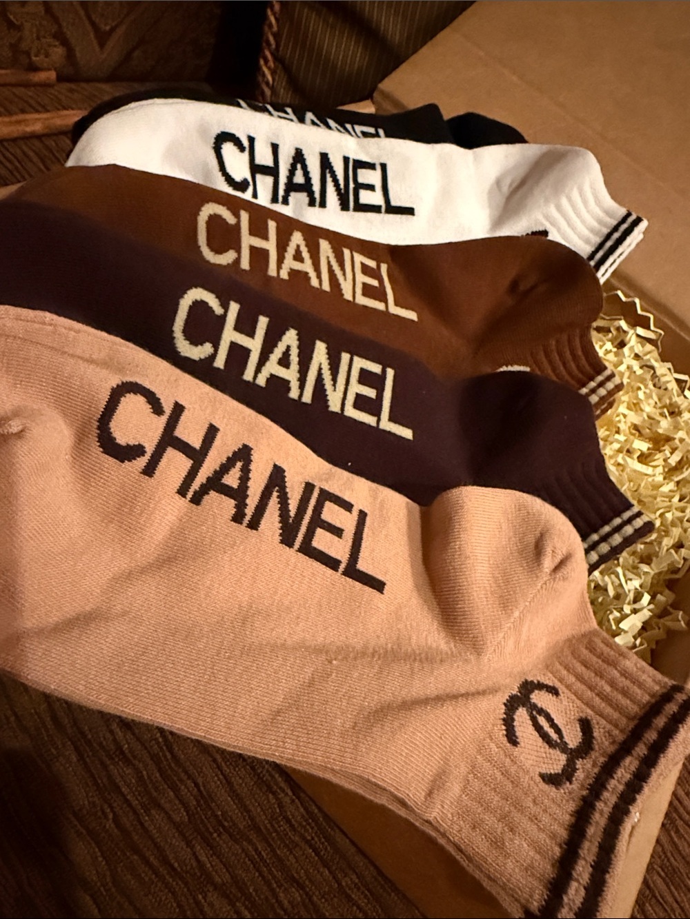 Luxury Logo Crew Socks in White, Brown, Dark Brown, and Tan